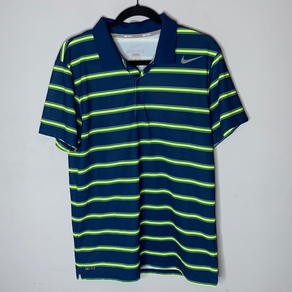 Nike Other - Nike teal blue neon yellow striped dri-fit polo shirt M